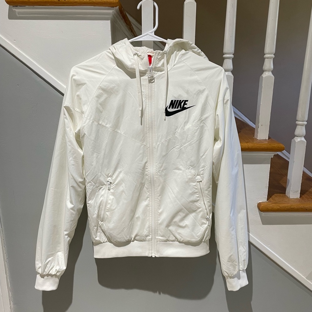 White Nike Front Zip Lined Hooded Windbreaker